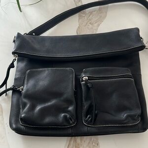 EUC Tiganello black shoulder bag with silver clip hardware and 3 outside pockets
